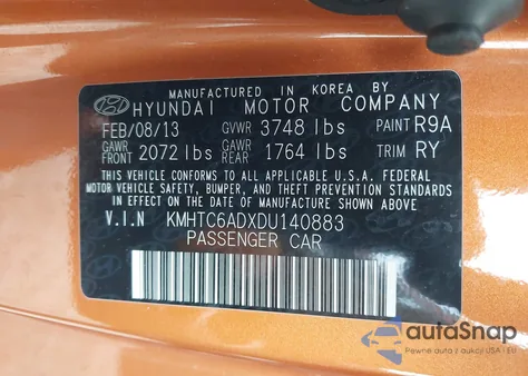 2013 Hyundai Veloster z USA, uszkodzony, nr VIN KMHTC6ADXDU140883